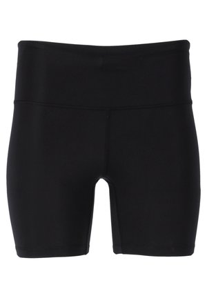 Black athletic shorts with a mid-rise waistband. Made from a smooth, stretchy material. Features clean seams and a fitted design.