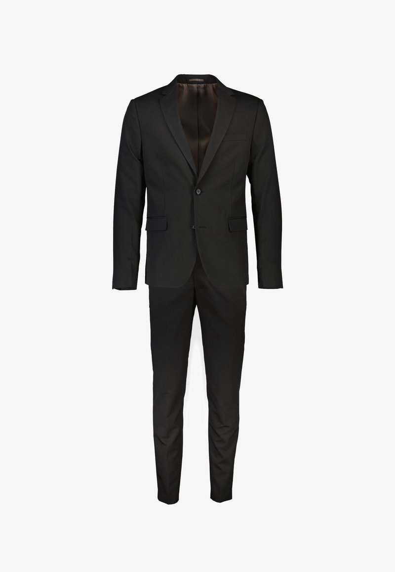 Zwart pak met een op maat gemaakte jas met inkeping revers, sluiting met één knoop, zijzakken en bijpassende taps toelopende broek. Glad stoffen oppervlak.