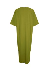 Olivgrön, oversized t-shirtklänning med korta ärmar och rak silhuett, tillverkad av mjukt bomullstyg.