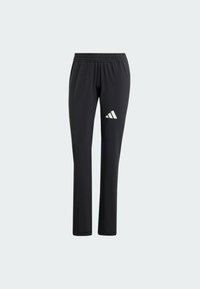 Pantaloni sportivi neri realizzati in un materiale leggero e liscio. Presentano una vita elastica e un logo bianco sulla gamba sinistra.