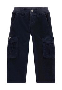 Pantaloni cargo in corduroy blu navy con vita a coste, multiple tasche e un logo laterale per un tocco di dettaglio in più.