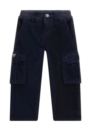 Pantaloni cargo in corduroy blu navy con vita a coste, multiple tasche e un logo laterale per un tocco di dettaglio in più.