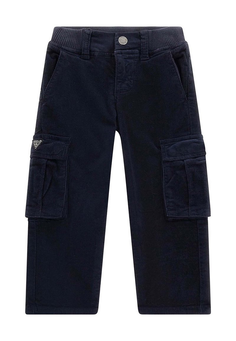 Pantaloni cargo in corduroy blu navy con vita a coste, multiple tasche e un logo laterale per un tocco di dettaglio in più.