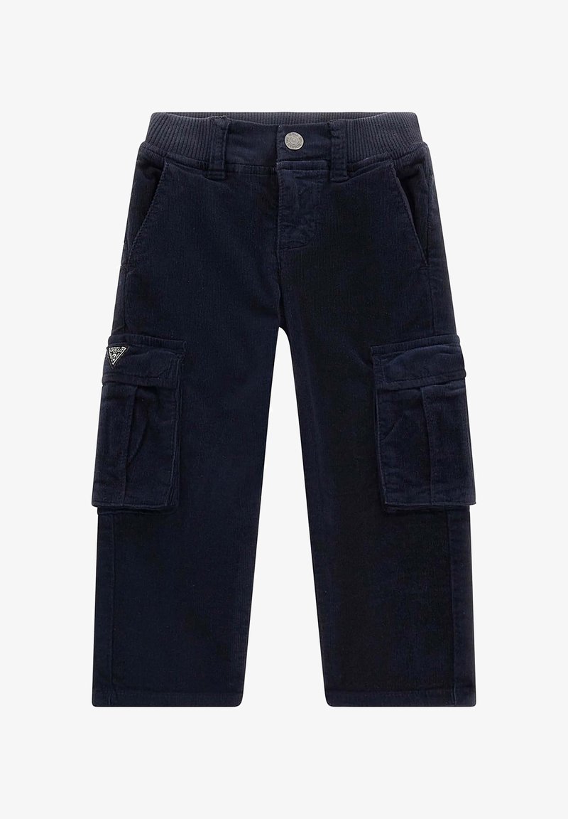 Pantaloni cargo in corduroy blu navy con vita a coste, multiple tasche e un logo laterale per un tocco di dettaglio in più.