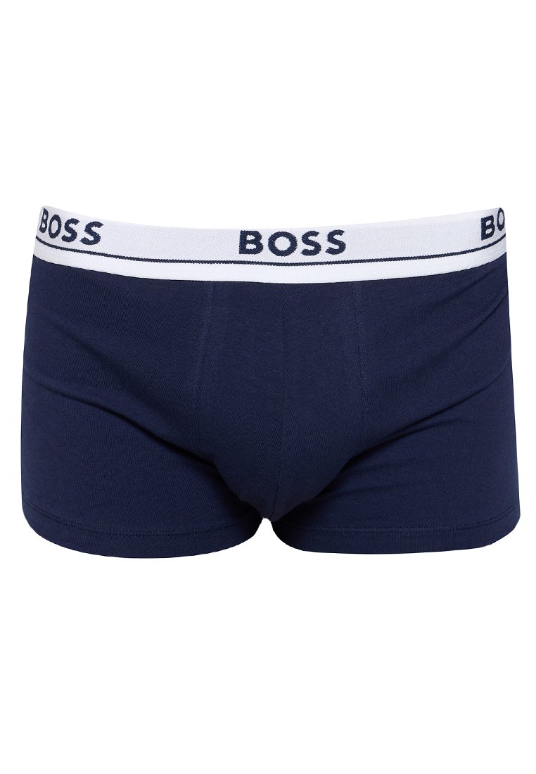 Boxers en bleu marine en coton, avec une ceinture blanche portant le logo "BOSS" en bleu marine. Texture lisse, design ajusté et jambes courtes.