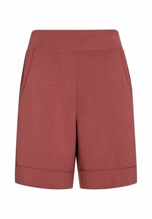 High-waist, knee-length rust-colored shorts with side pockets and simple stitched hems, displayed on a white background.