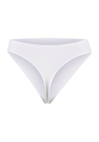 Witte katoen bikini-slipjes met een gladde textuur, zijden van gemiddelde breedte en een lage voorkap. Eenvoudig ontwerp zonder zichtbare patronen of beslag.