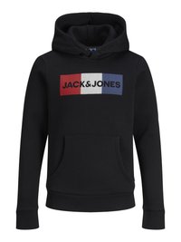 Felpa nera con cappuccio, caratterizzata da una tasca a forma di canguro sul davanti, polsini a coste e una grafica rettangolare in rosso, bianco e blu con la scritta "JACK&JONES."