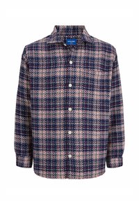 Tamsiai mėlynų, raudonų ir baltų tonų languota marškiniai, pagaminti iš tekstūruoto audinio, su mygtukais priekyje ir klasikiniais atlapais. Minkšta, laisva sudėjimo forma.