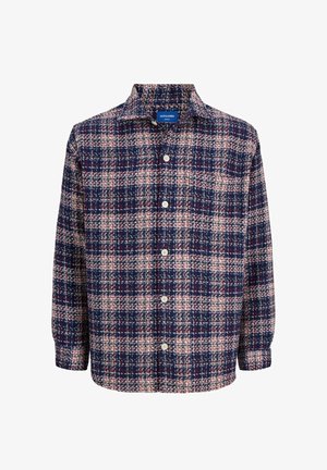 Teksastriibuline särk tumesinise, punase ja valge tooni, valmistatud tekstureeritud kangast, millel on nööpidega eestmine ja klassikaline krae. Pehme, lõdva istuvusega.