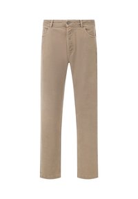 Pantalones de algodón beige con pierna recta, diseño de cinco bolsillos, cierre de botón y textura sutil. Sin patrones ni logotipos visibles.