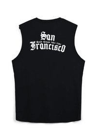 Maglietta nera senza maniche con testo grafico bianco sul retro: "San Francisco" e "Le cose belle richiedono tempo." Tessuto liscio e morbido.