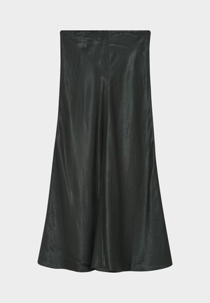 Zwarte geplooide rok met een gladde, glanzende textuur, tot aan de knieën, met een hoge taille en een A-lijn silhouet.