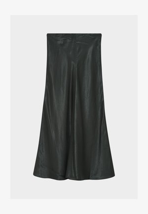 Zwarte geplooide rok met een gladde, glanzende textuur, tot aan de knieën, met een hoge taille en een A-lijn silhouet.