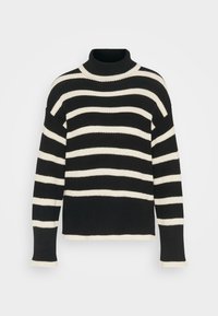 Pull en maille rayé noir et crème avec un col montant, des épaules tombantes, des poignets et un ourlet côtelés. Tissu doux et texturé.