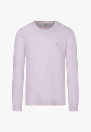 Pull en tricot à manches longues de couleur violet clair avec poignets et ourlet côtelés, encolure ronde, et petit logo brodé "TS 89" sur la poitrine.