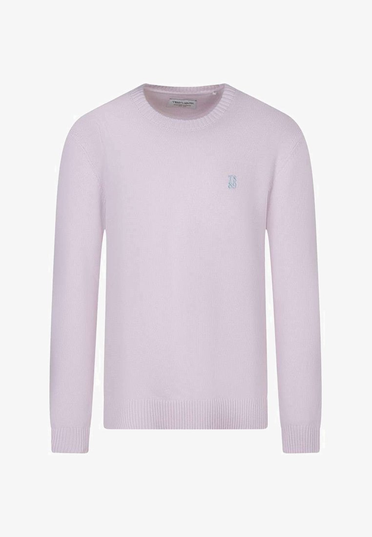 Pull en tricot à manches longues de couleur violet clair avec poignets et ourlet côtelés, encolure ronde, et petit logo brodé "TS 89" sur la poitrine.