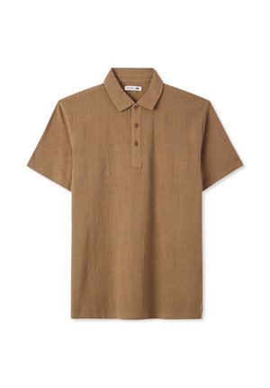 Polo a maniche corte in tessuto color sabbia con finitura strutturata, dotata di collo con risvolto e pattina con tre bottoni. Design casual, taglia XL.