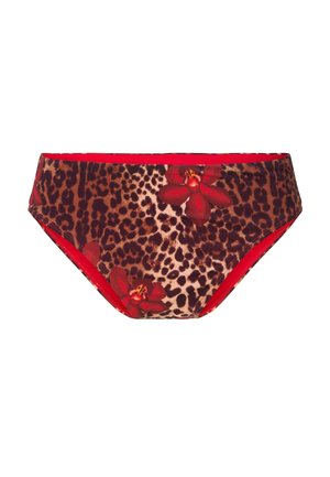 Bañador de bikini con estampado de leopardo y acentos florales rojos. Presenta una cinturilla elástica roja y una textura de tela suave.