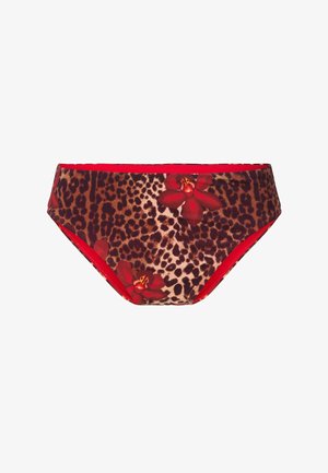 Bikiny s leopardím vzorom a červenými kvetinovými akcentmi. Obsahujú červený elastický pás a hladký materiál.
