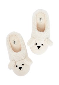 Pantofole morbide color crema con facce e orecchie di orsetto teddy sul davanti, foderate in materiale peloso, viste dall'alto.