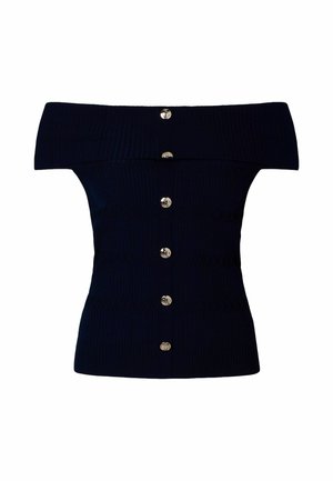 Haut noir en tricot côtelé à épaules dénudées avec six boutons argentés alignés verticalement au centre devant.