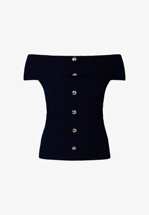 Haut noir en tricot côtelé à épaules dénudées avec six boutons argentés alignés verticalement au centre devant.