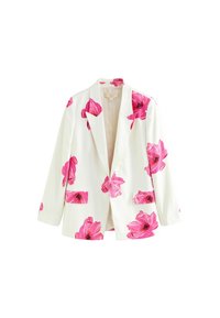 Leinenblazer in Weiß mit lebhaftem pinken Blumendruck. Verfügt über einen Reverskragen, offenen Vorderteil und zwei Vorderpockets. Einfaches, aber mutiges Design.