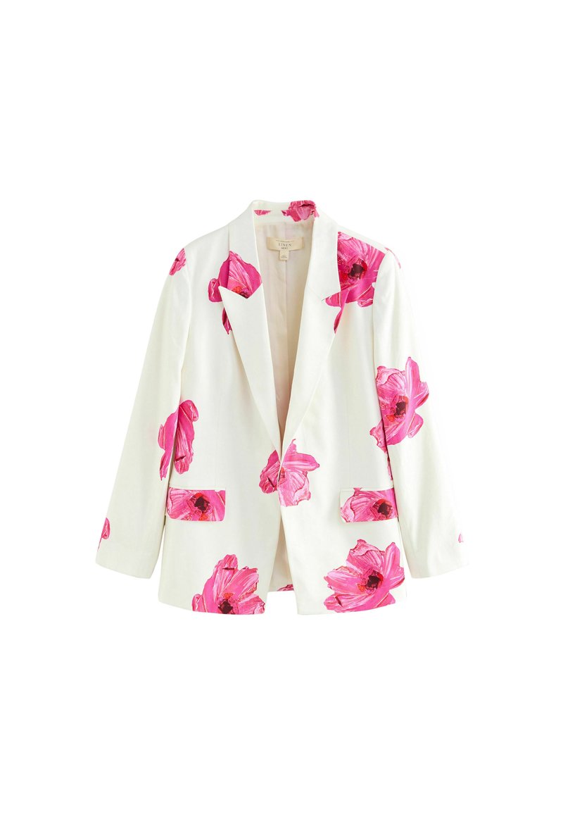 Leinenblazer in Weiß mit lebhaftem pinken Blumendruck. Verfügt über einen Reverskragen, offenen Vorderteil und zwei Vorderpockets. Einfaches, aber mutiges Design.