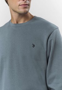 Szara bawełniana bluza z okrągłym dekoltem oraz małym czarnym logo na lewej piersi. Gładka faktura, długie rękawy.