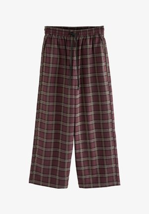 Burgundia ruudulised lühikesed püksid pehmest kangast, millel on elastne vöökoht ja nöör, laiade jalgadega ja kontrastsete ruudumustritega.