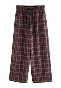 Bordeaux geruite shorts van zachte stof, voorzien van een elastische tailleband met trekkoord, wijde broekspijpen en contrasterende ruitpatronen.