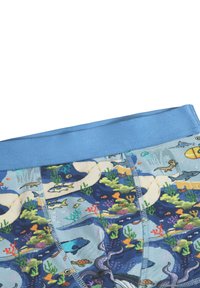Children's boxer briefs with blue waistband, featuring colorful underwater sea life including fish, sharks, octopus, and coral reefs.