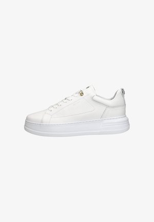White leather sneakers with a textured finish, flat sole, and gold accent. Features a rounded toe and lace closure. Minimalist design.