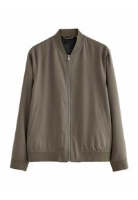 Bomberjacke aus olivgrünem Stoff, mit einem Frontreißverschluss, zwei seitlichen Taschen, gerippten Bündchen und einer glatten Oberfläche.