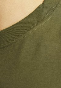 Olivenfarvet bomulds t-shirt med rund halsudskæring, der har en glat tekstur og diskrete syninger langs kraven.
