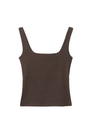 Braunes ärmelloses Oberteil mit quadratischem Ausschnitt, aus weichem, dehnbarem Stoff gefertigt. Verfügt über ein figurbetontes Design und flache Nähte.