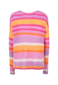 Buntgestreifter Pullover mit horizontalen Streifen in Pink, Orange, Gelb und Lila. Weiche Textur, lockerer Schnitt und weitem Ausschnitt.