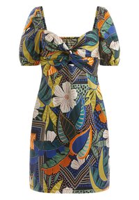 Korte mouwen jurk met een bloemen- en bladerenprint in groen, blauw, oranje en wit. Gestructureerd lijfje met vierkante halslijn en geraffineerde mouwen.