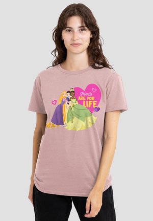 Light pink t-shirt featuring cartoon princesses with the text "Friends Are For Life" in a heart, highlighting vibrant colors and playful design.