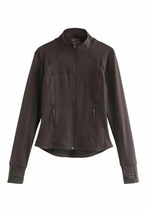 Dunkelbraune Zip-Jacke mit langen Ärmeln, aus dehnbarem Stoff gefertigt. Verfügt über zwei Fronttaschen und Kontrastnähte. Glatte Textur.