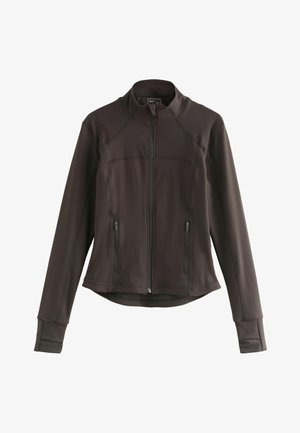 Dark brown zip-up jacket with long sleeves, made from stretchy fabric. Features two front pockets and contrast stitching. Smooth texture.
