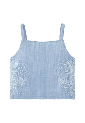 Lichtblauwe mouwloze crop top met dunne bandjes en witte geborduurde bladpatronen aan beide zijden.