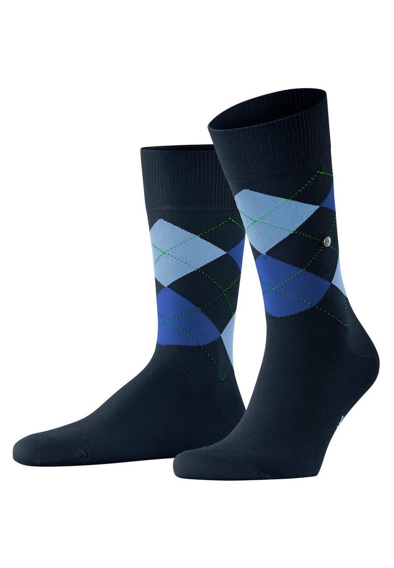 Calcetines navy con un patrón de argyle en azul claro y oscuro con toques de verde; puños acanalados y tela suave y elástica para mayor comodidad.