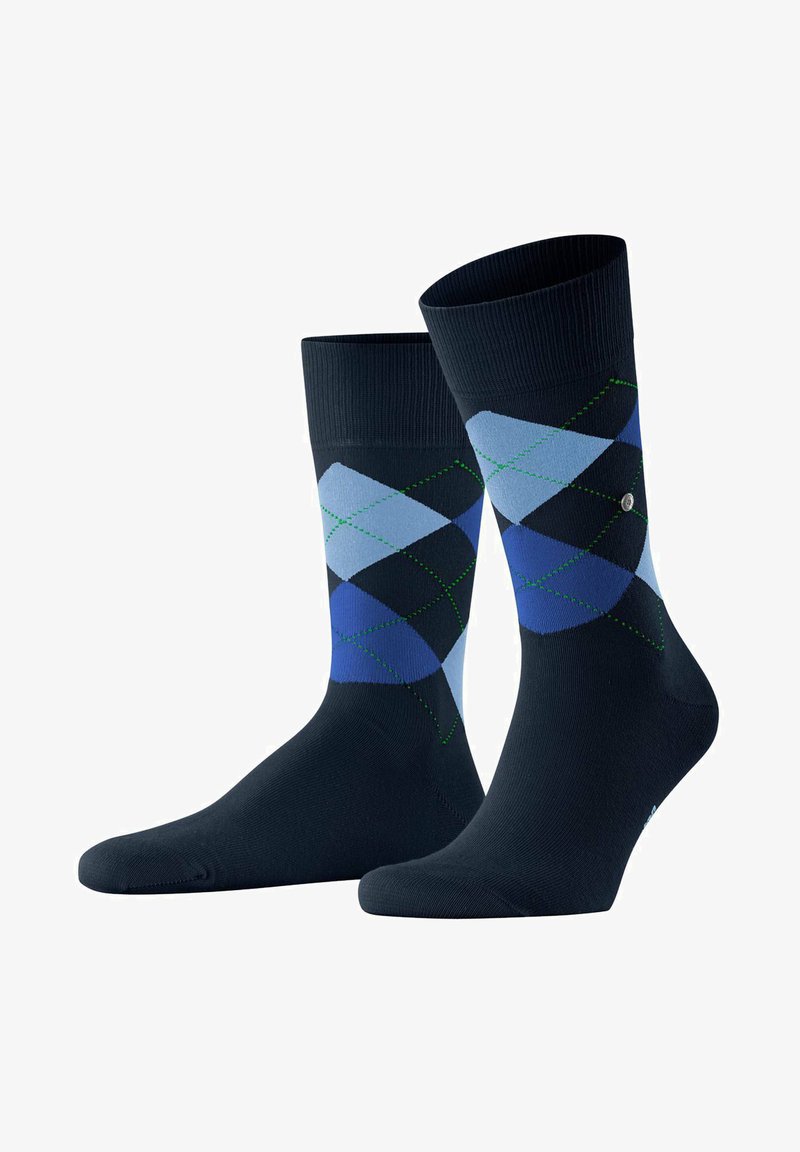 Calze navy con motivo argyle in blu chiaro e scuro con dettagli verdi; polsini a costine e tessuto morbido e elastico per il massimo comfort.