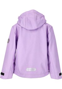 Veste imperméable violette avec capuche, offrant une texture lisse, un patch logo sur le bras gauche et des accents Velcro noirs sur les manches.