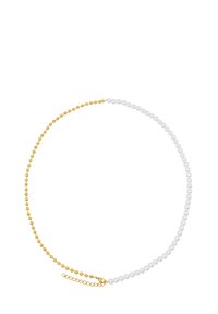 Eine goldene und weiße Perlenkette mit abwechselnd goldenen Kugelperlen und perlähnlichen weißen Perlen, ausgestattet mit einem Verschluss und einer Kettenverlängerung.