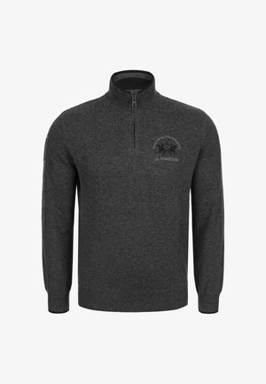 Ciemnoszara, zapinana na zamek bluza z teksturowanej tkaniny, z długimi rękawami i logotypem na piersi. Kołnierz z ćwierć zamkiem.