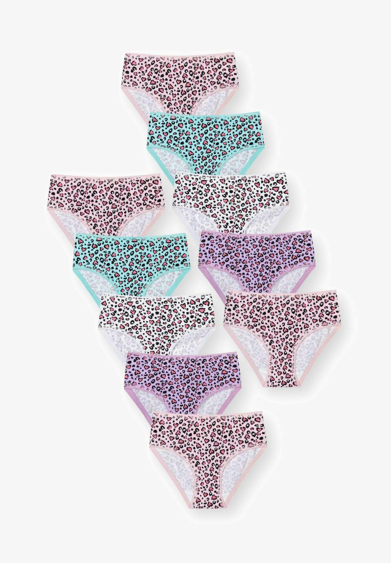 Dieci paia di mutandine da donna con stampa leopardata in vari colori: rosa, menta, viola e bianco, con dettagli in pizzo e bande elastiche.