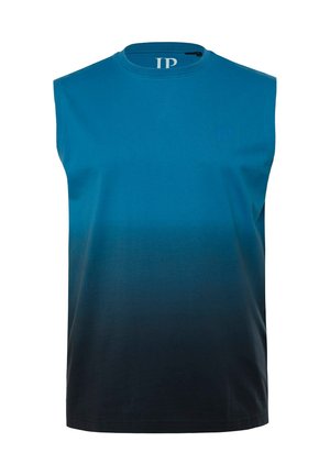 Canotta senza maniche con scollo rotondo, con una sfumatura dal blu al blu navy scuro e un piccolo logo "JP" sul petto, design semplice.